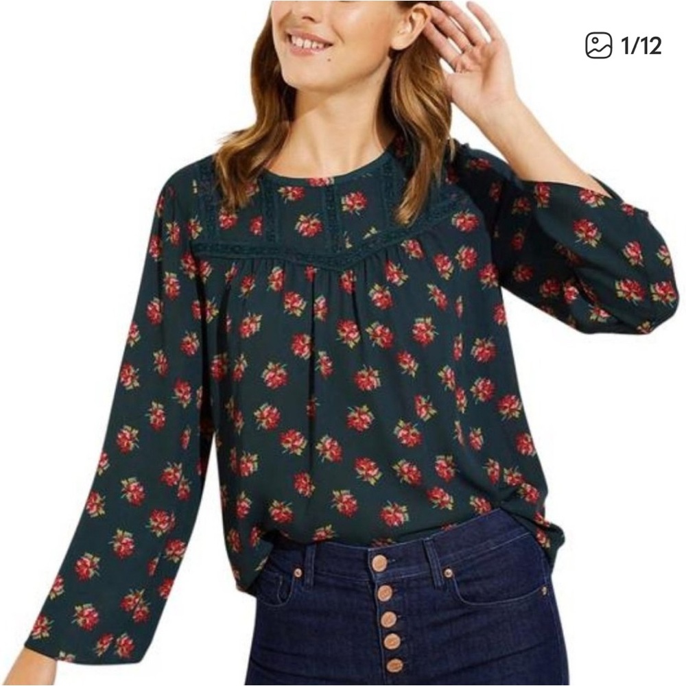 LOFT Dark Green Floral Boho Lace Blouse Peasant Top Lightweight‎  Size SP